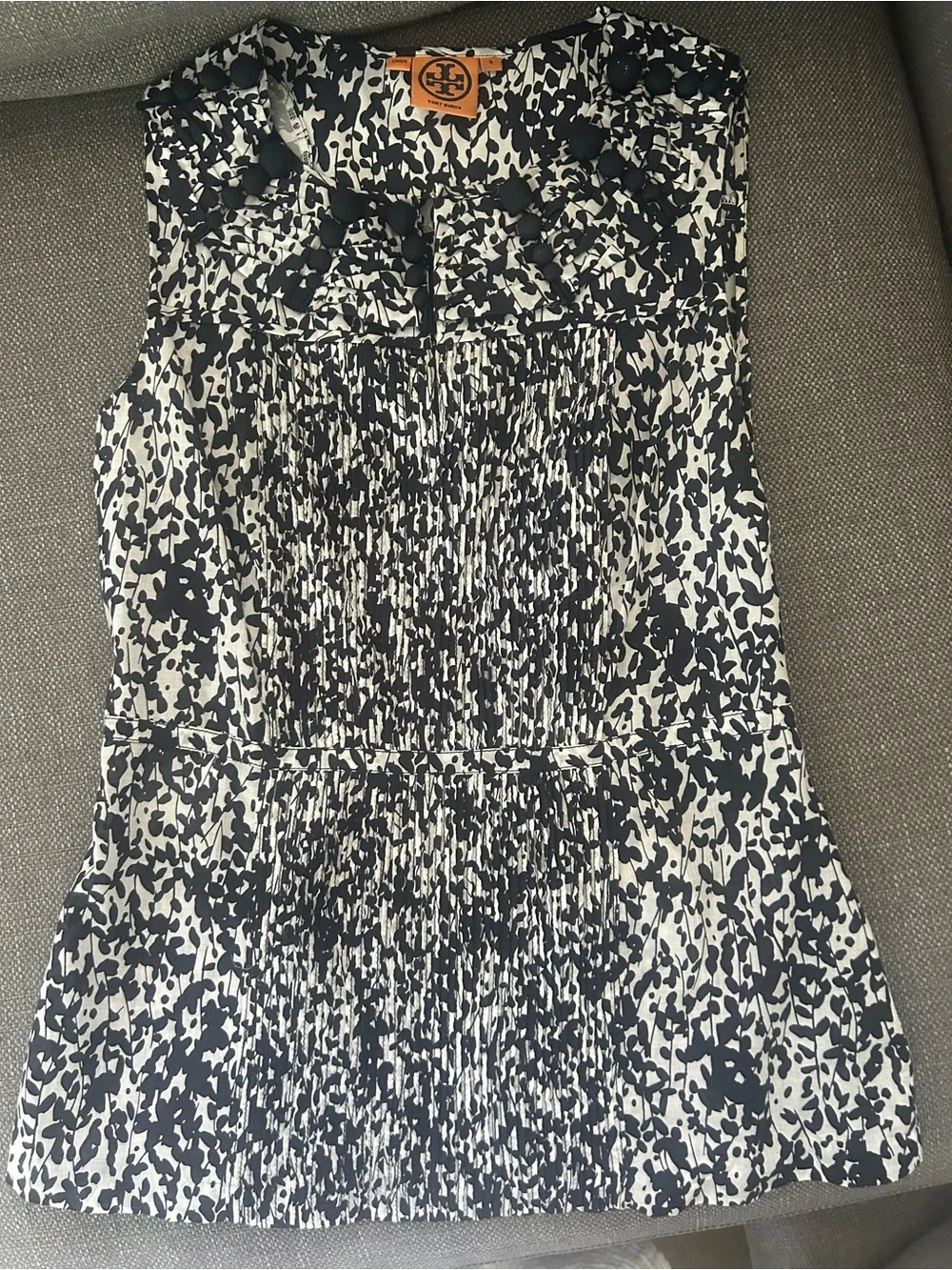 Tory Burch Black and White Printed Smocked Sleeveless blouse